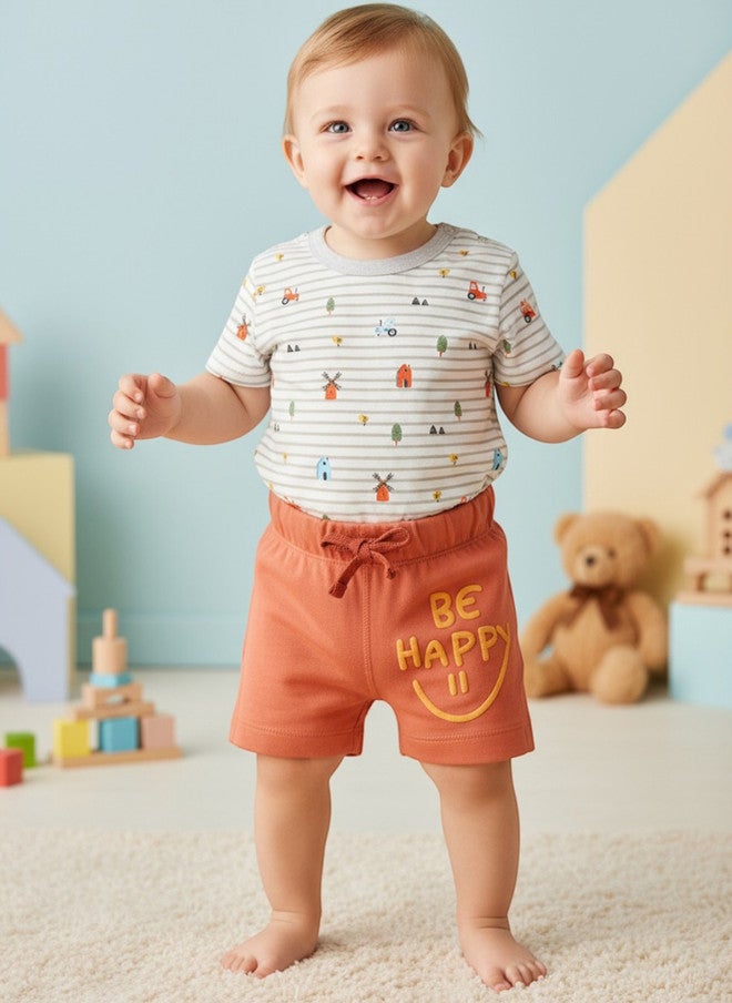 BONTOTS Infant Boys Be Happy Printed Organic Cotton Shorts - Image 1